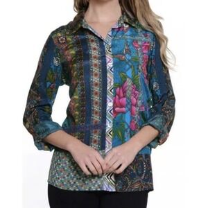 John Mark women's mixed-print button-front tunic Size Large Silky Floral Boho